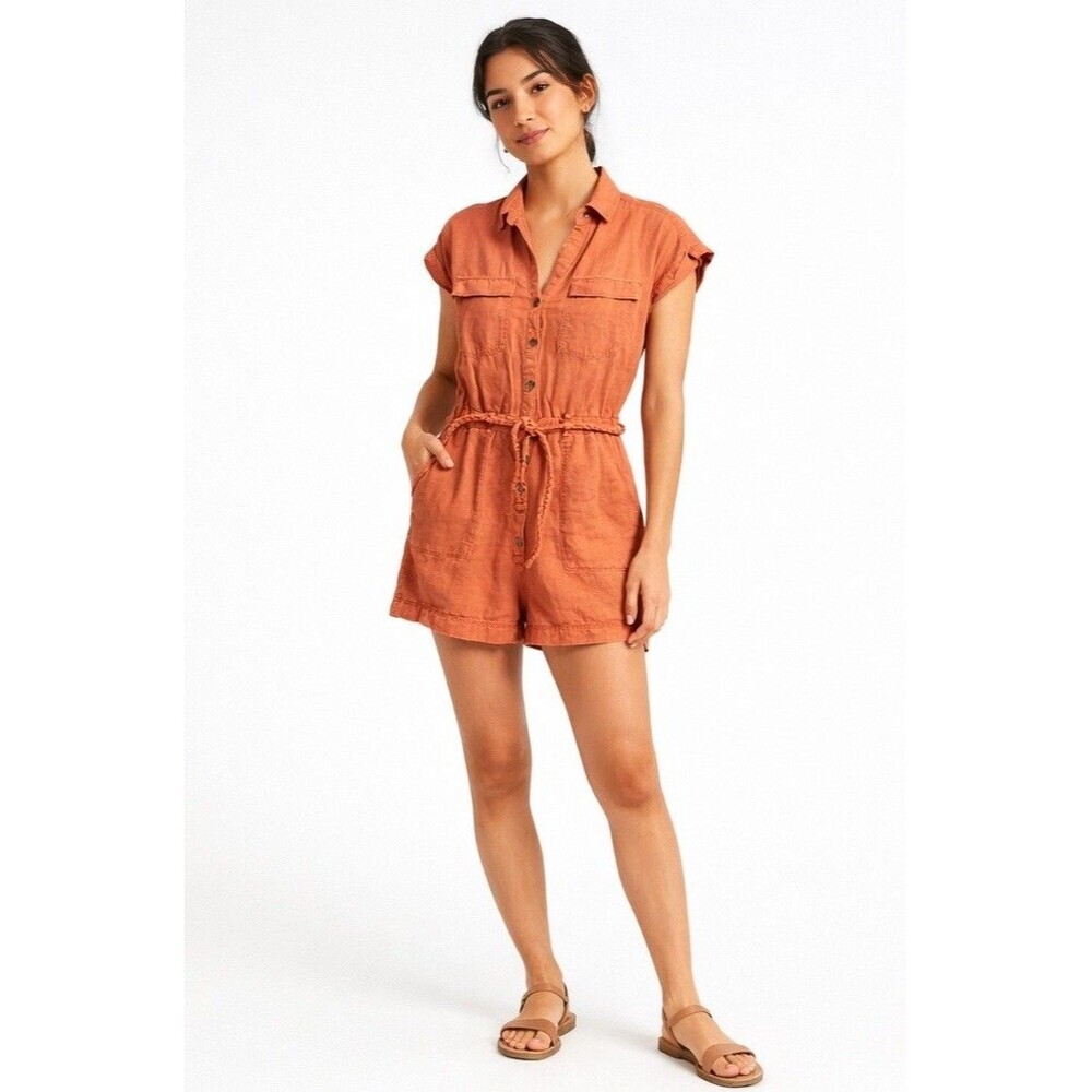Nicole Miller New York Linen Blend Utility Romper XS Terracotta Orange Belted